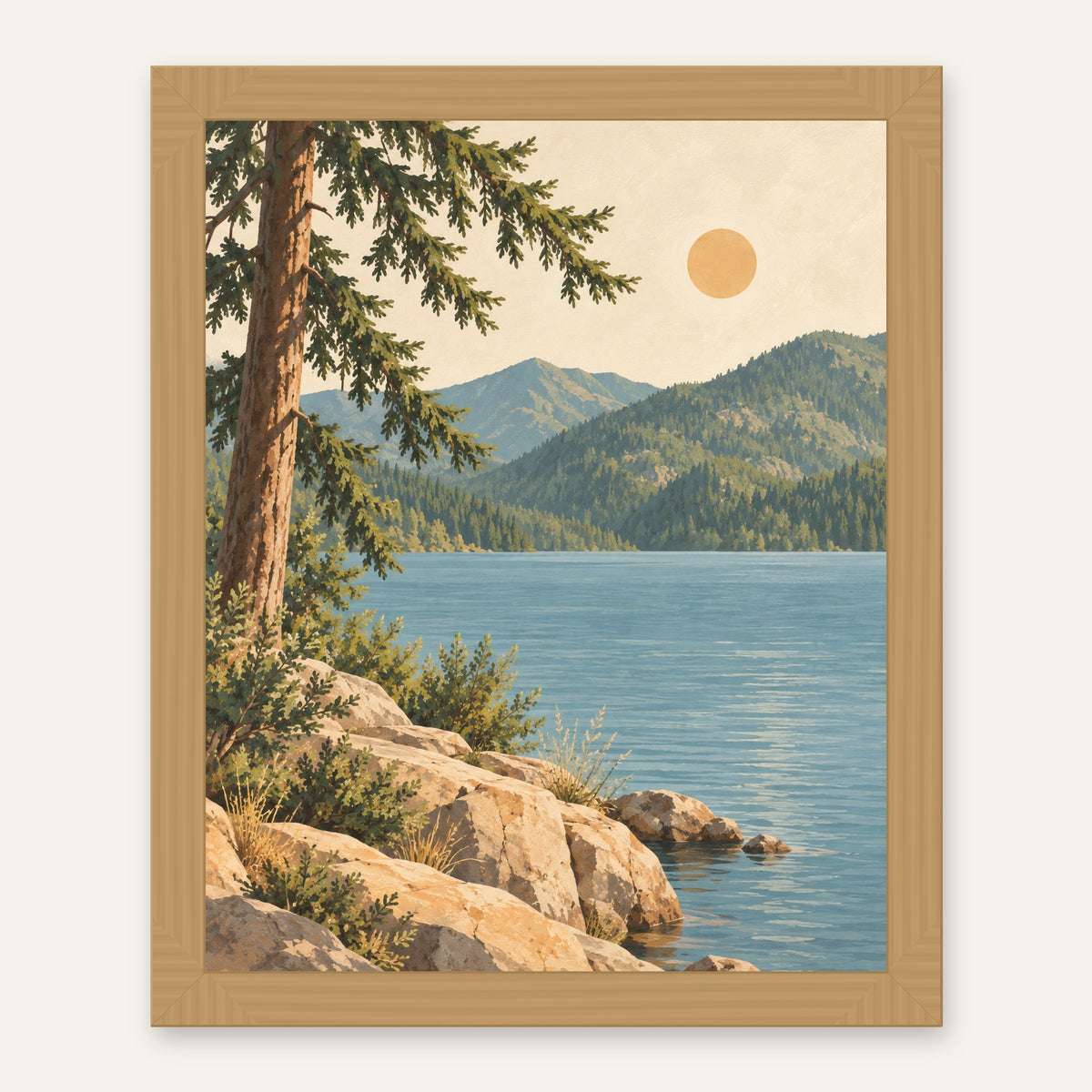 Lake Crescent Calm — natural oak frame, digital preview