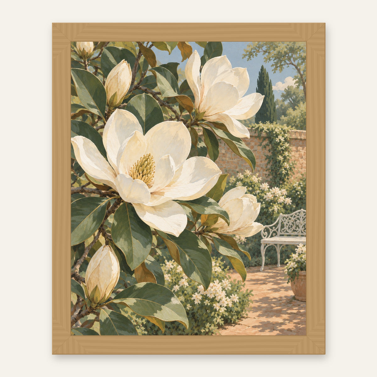 Magnolia Garden — natural oak frame, digital preview