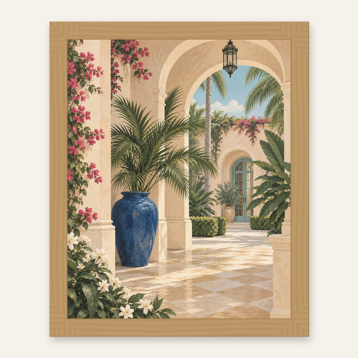 Palm Beach Courtyard — natural oak frame, digital preview