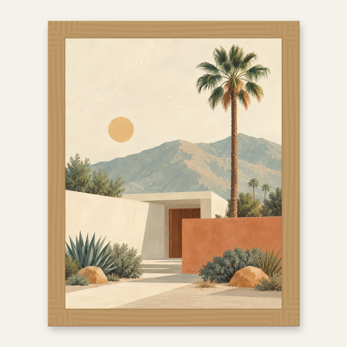 palm springs artwork in a natural oak frame — digital preview