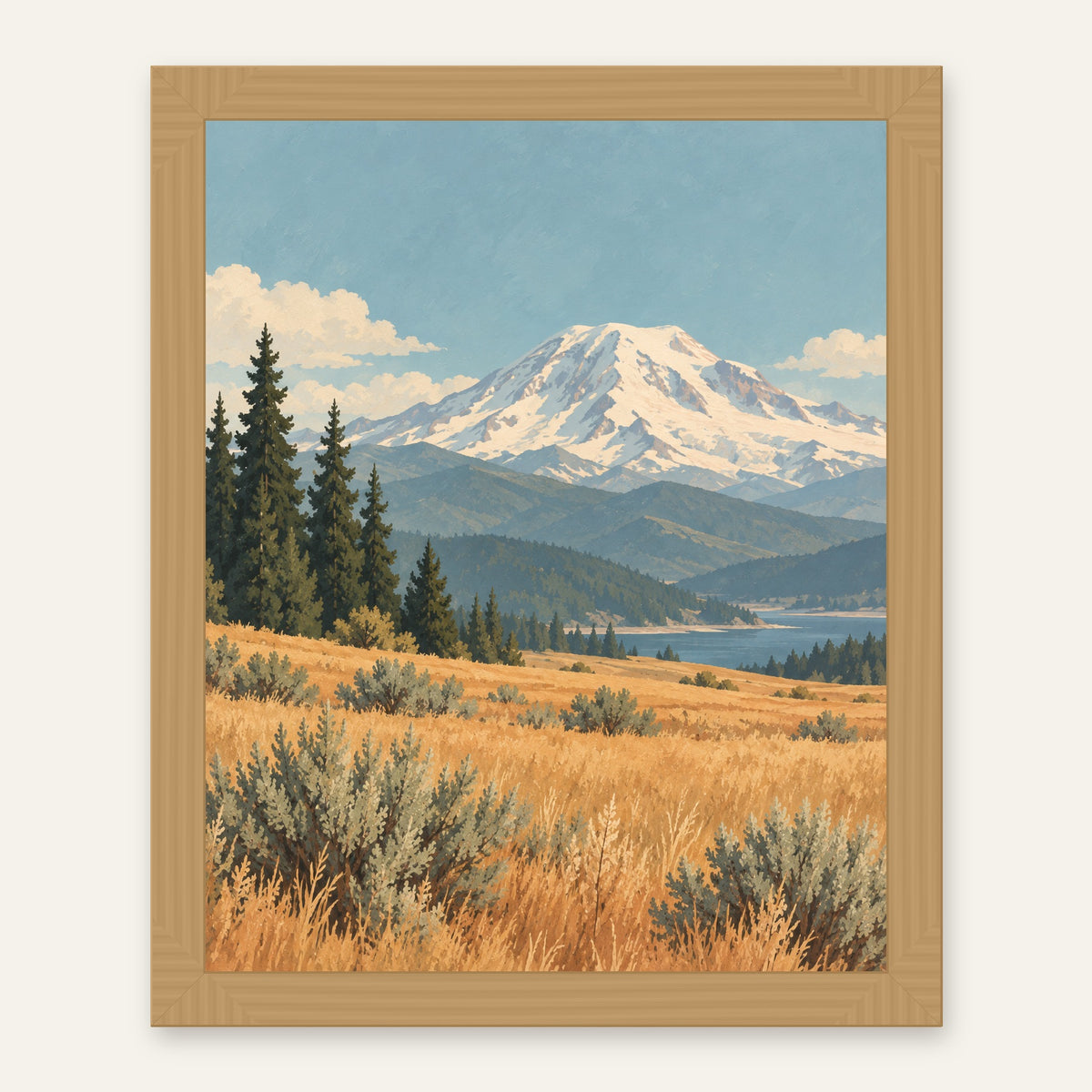 Rainier Still — natural oak frame, digital preview