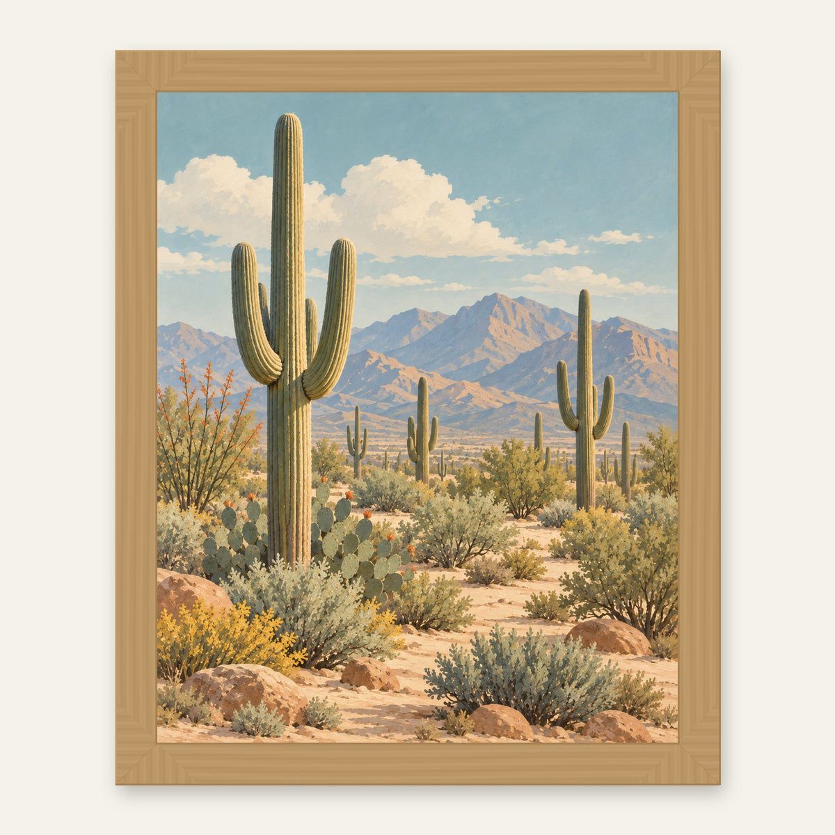 Saguaro Still — natural oak frame, digital preview